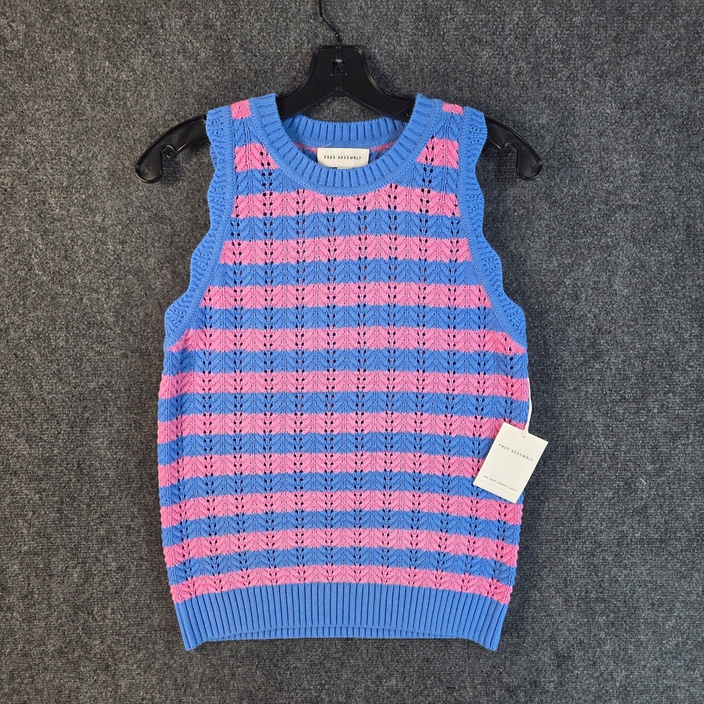 Free Assembly Pointelle Stripe Sweater Vest Womens Medium Blue Pink Cotton NEW